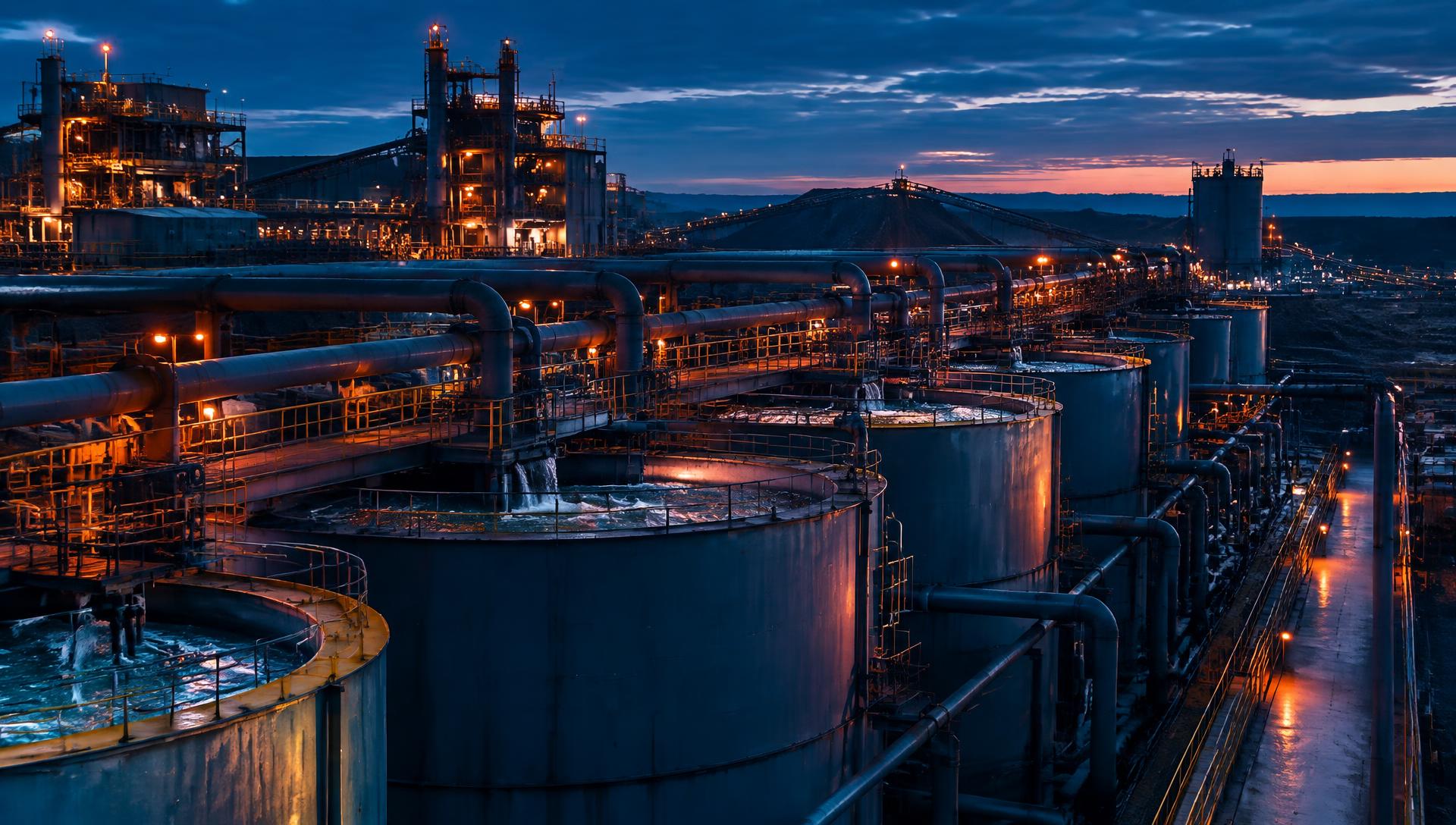 Leaching tanks and piping at a hydrometallurgical processing plant at dusk